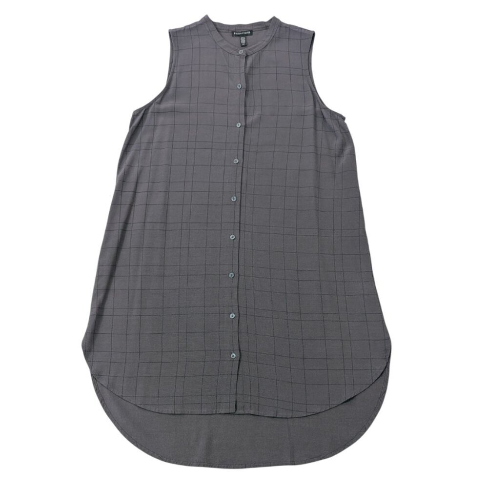 EILEEN FISHER Twill Mandarin Collared Tunic Blouse S Button Down Plaid Gray